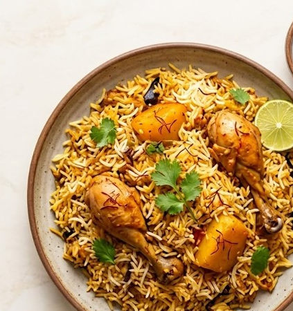 Chicken biryani with raita, cardamom, and cloves