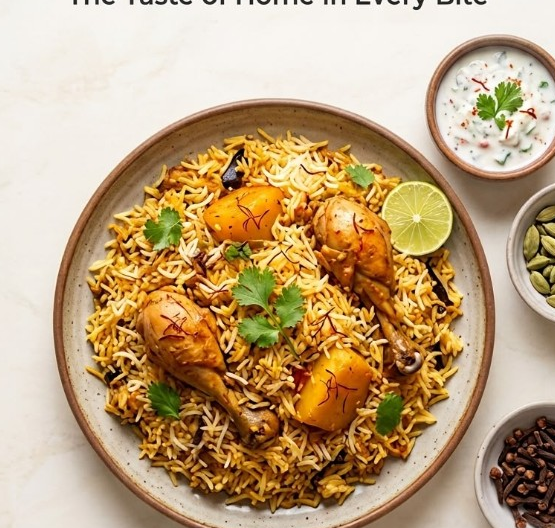 Authentic chicken biryani with saffron rice, roasted drumsticks, potato, coriander, raita, and whole spices